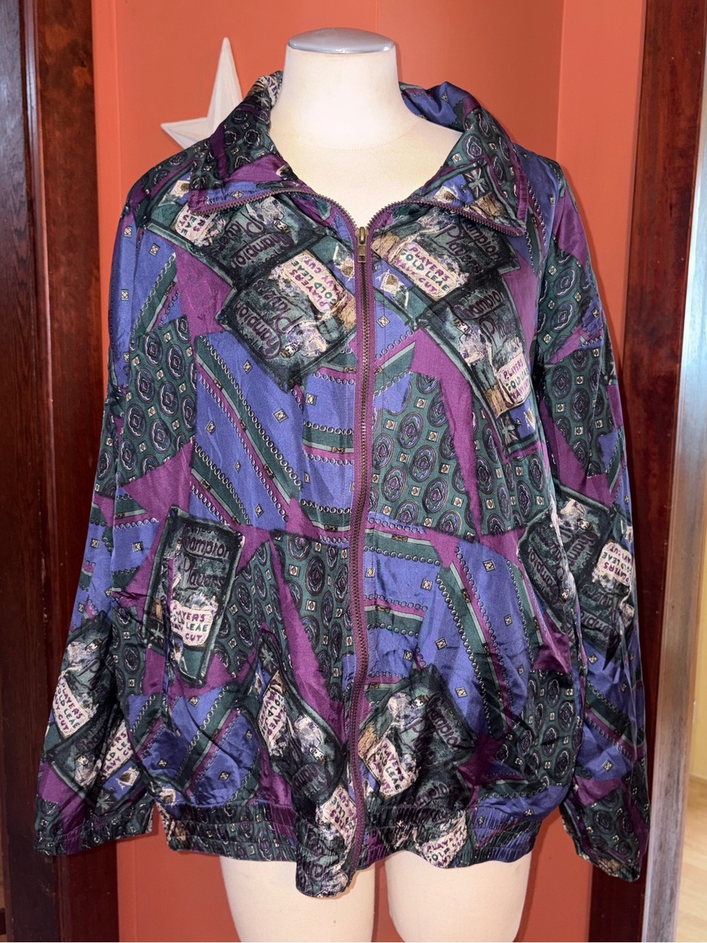 Vintage EVR 100% Silk Purple Patterned Zip Jacket
